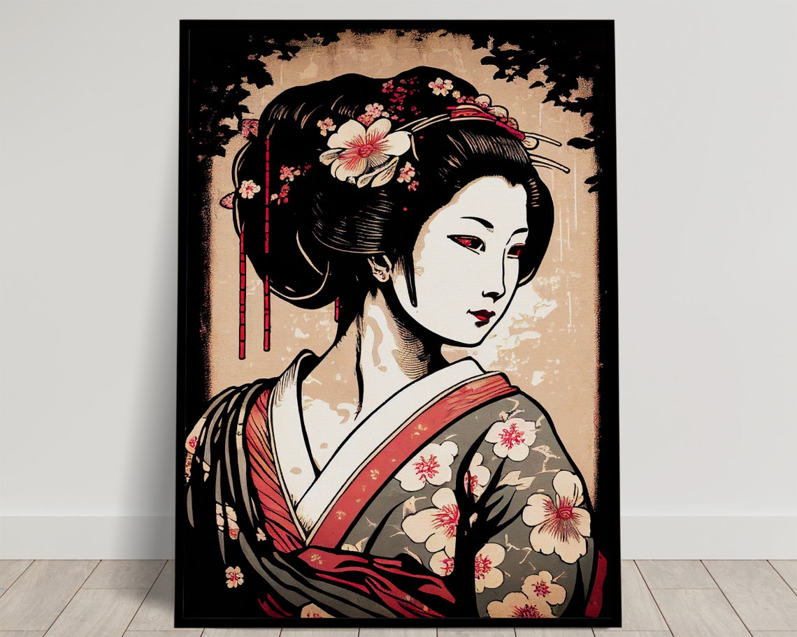 Geisha in Kimono Japanese Ukiyo-e Style Portrait Vintage Art Poster