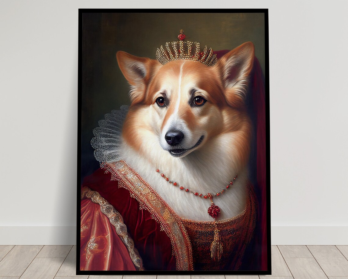Corgi Queen Royal Portrait In Red Gown And Crown Baroque Pet Poster