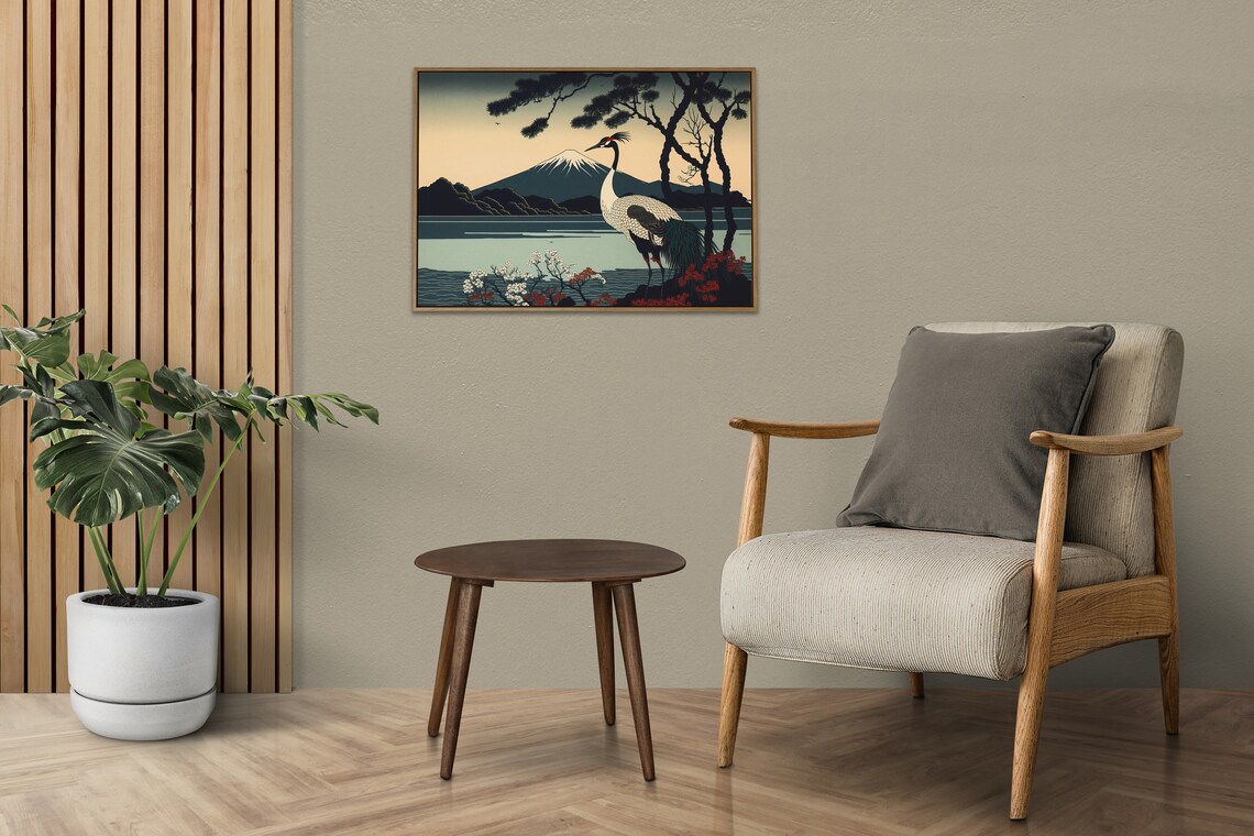 Red Crowned Crane At Sunrise Japanese Art Style Mount Fuji Poster - Image 4