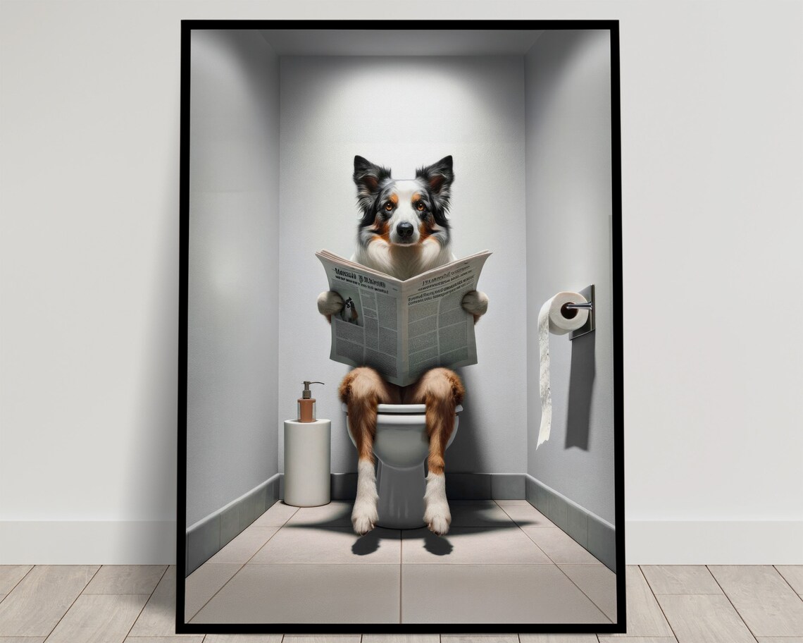 Funny Border Collie On Toilet Reading Newspaper Tri Color Dog Humor Poster
