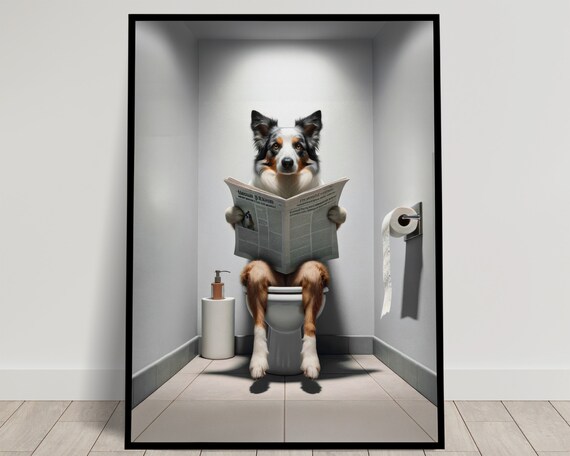 Funny Border Collie On Toilet Reading Newspaper Tri Color Dog Humor Poster
