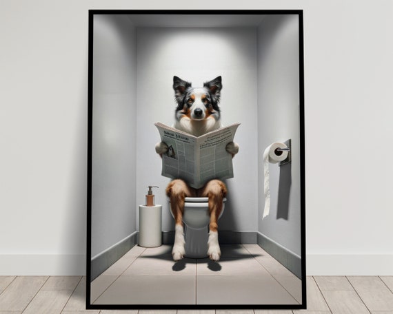 Photograph Of A Border Collie Reading The Newspaper On The Toilet Funny Bathroom Decor Bathroom Wall Art Wc Toilet Poster Gag Gift 2