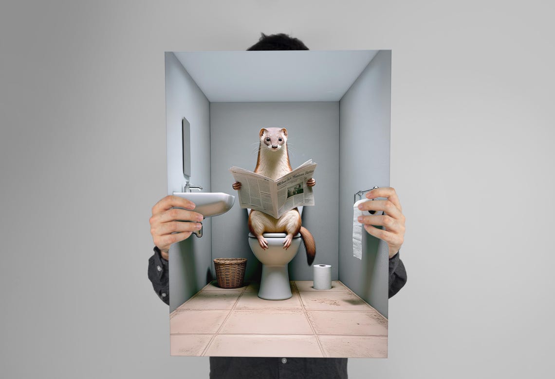 Weasel Reading the Newspaper on the Toilet Funny Bathroom Poster - Image 3