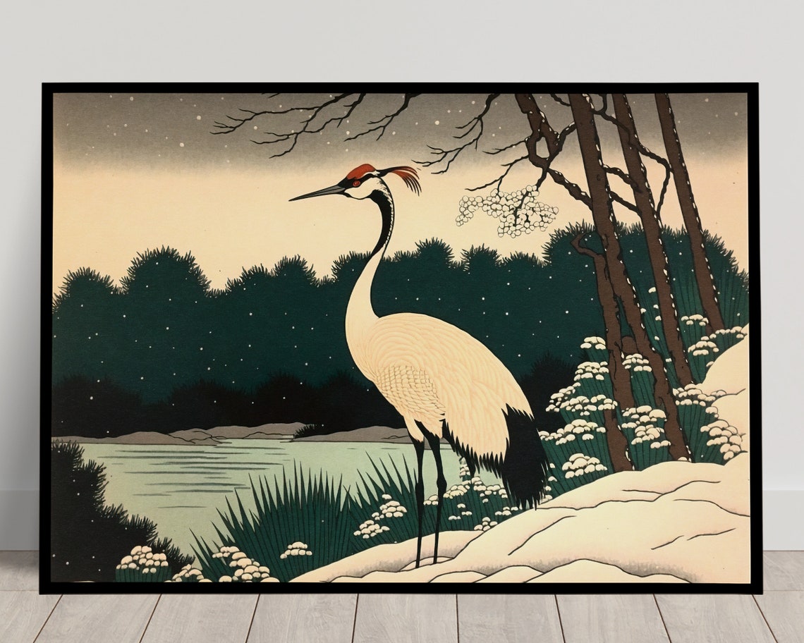 Red Crowned Japanese Crane In The Snow Winter Lake Forest Poster