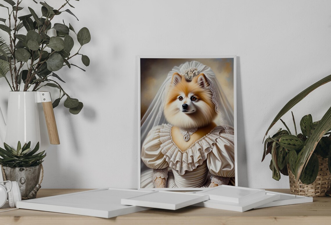 Pomeranian Spitz Dog In Wedding Dress Bride Portrait Art Poster - Image 2