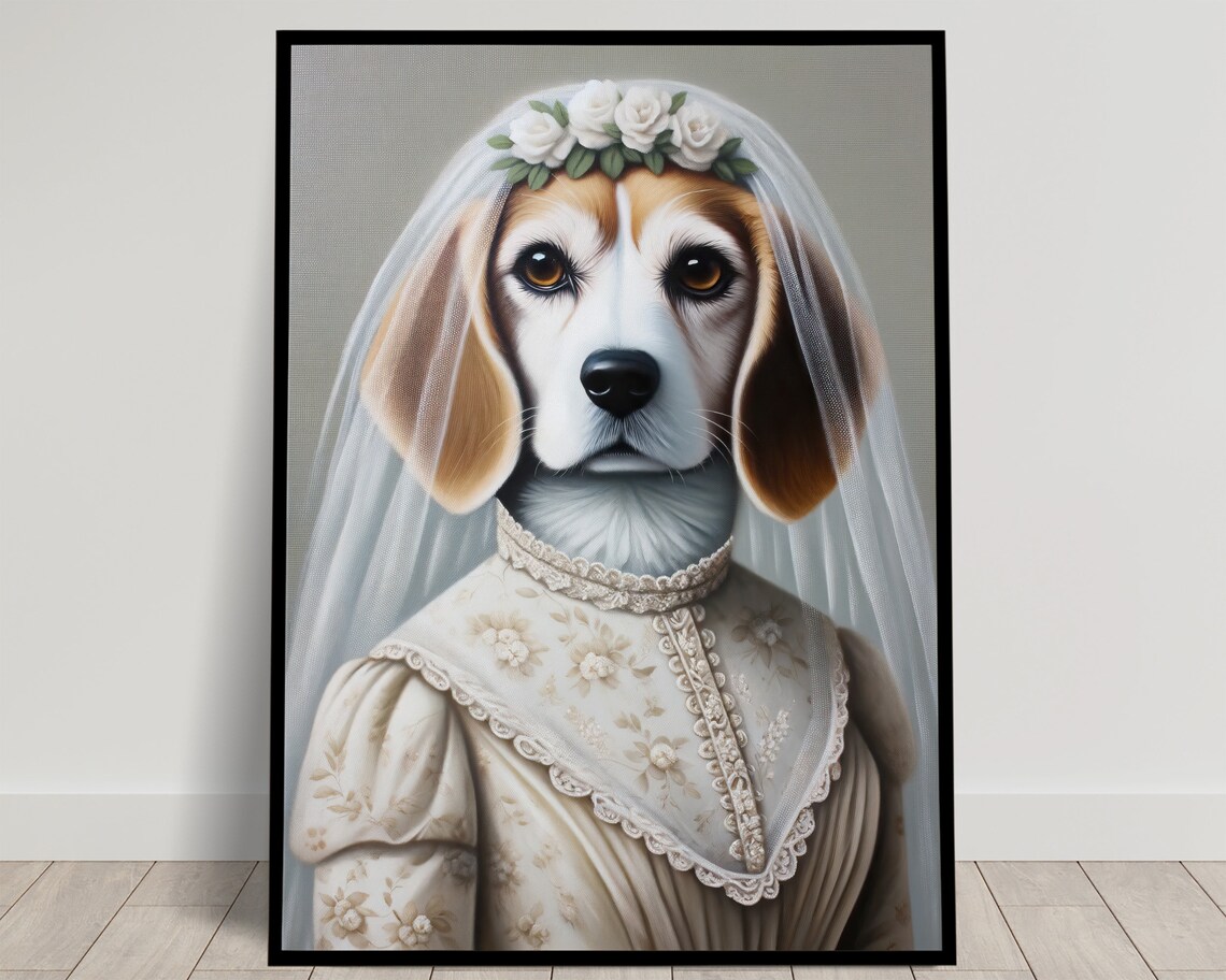 Beagle Bride in Wedding Dress with Floral Veil Dog Portrait Poster