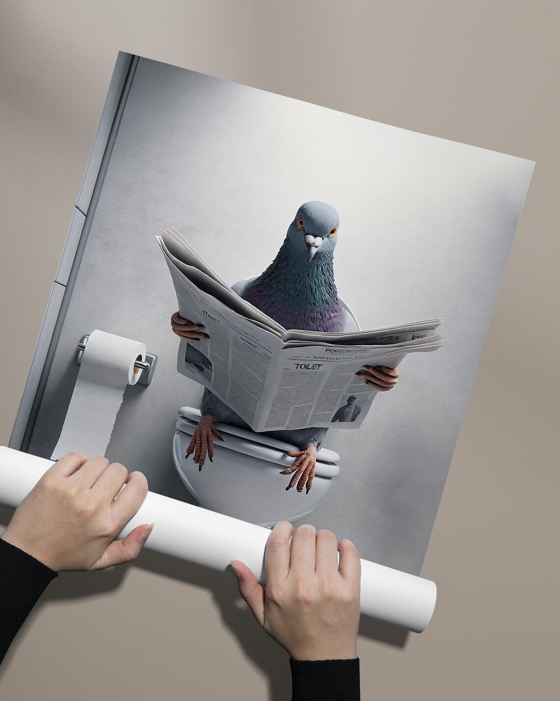Funny Pigeon Reading Newspaper On Toilet Quirky Bathroom Bird Humor Poster - Image 2