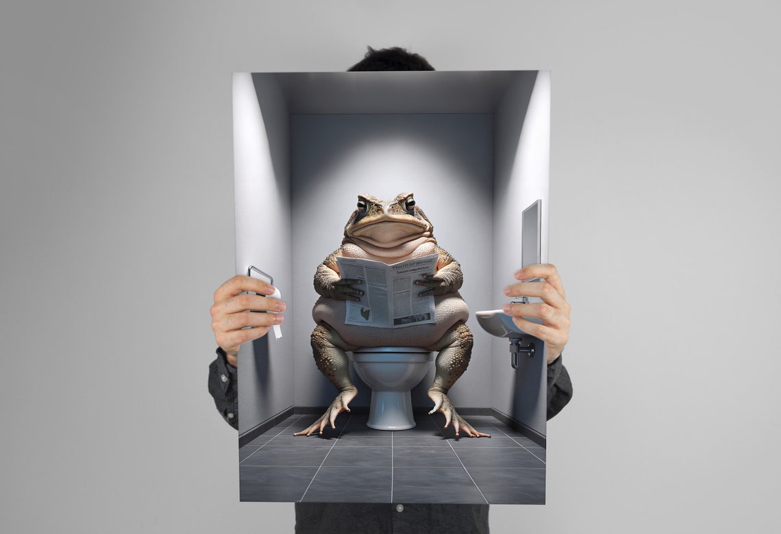 Funny Toad Reading Newspaper On Toilet Whimsical Bathroom Frog Poster - Image 3