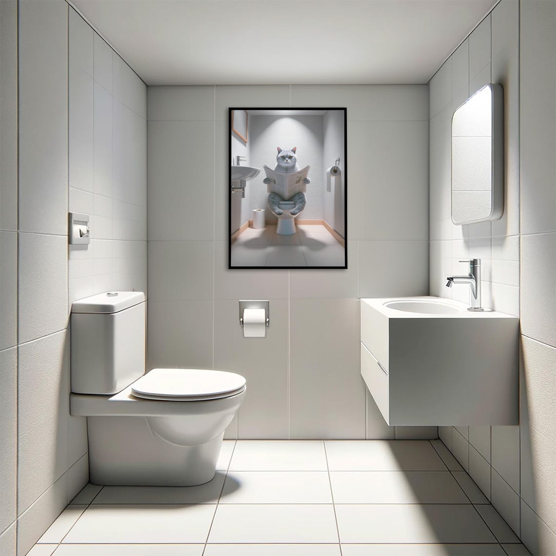 Silver British Shorthair Cat Reading Newspaper Funny Art Poster - Image 4