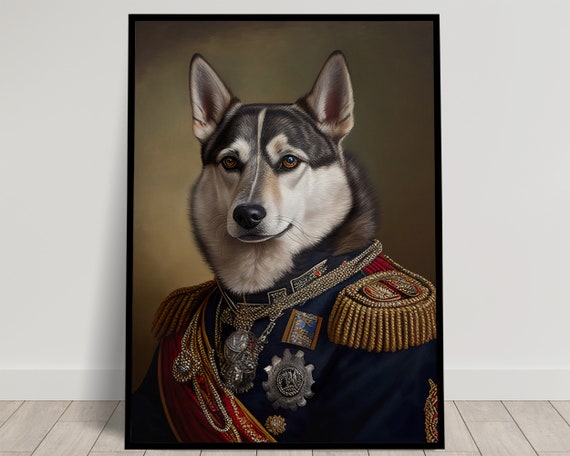 Portrait Of A Husky In Military Uniform Heroic Husky Wall Print Husky Poster Funny Dog Wall Art Official Painting