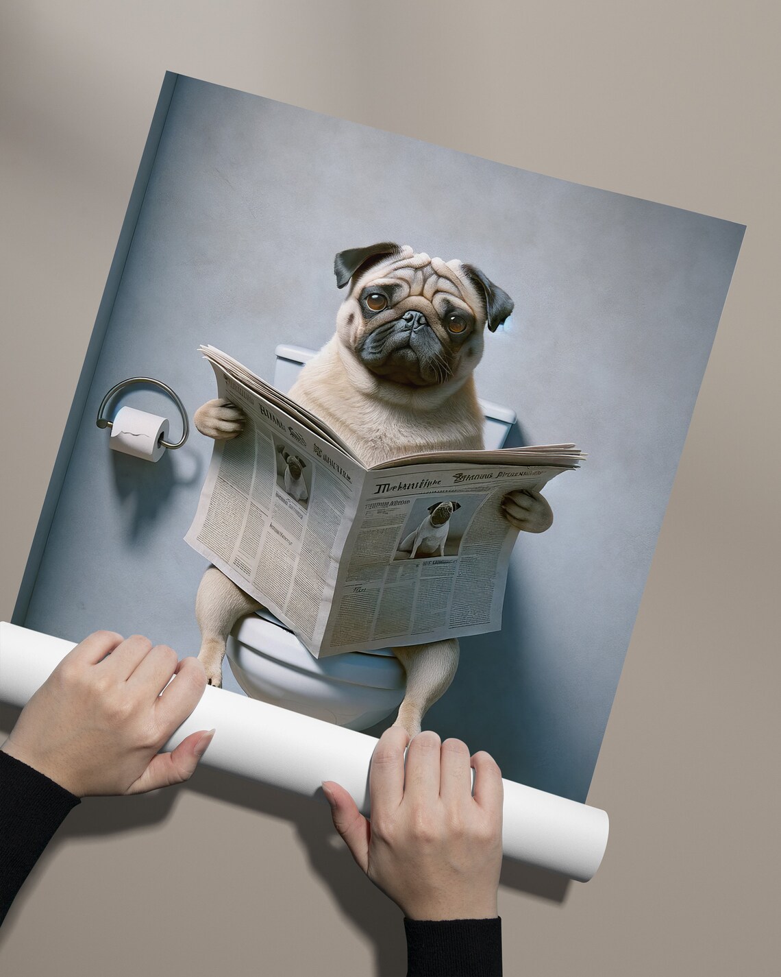 Pug Reading Newspaper on the Toilet, Funny Bathroom Art - Image 2