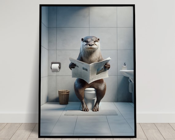 Photograph Of An Otter Reading The Newspaper On The Toilet Funny Bathroom Decor Bathroom Wall Art Wc Toilet Poster Unique Funny Gift