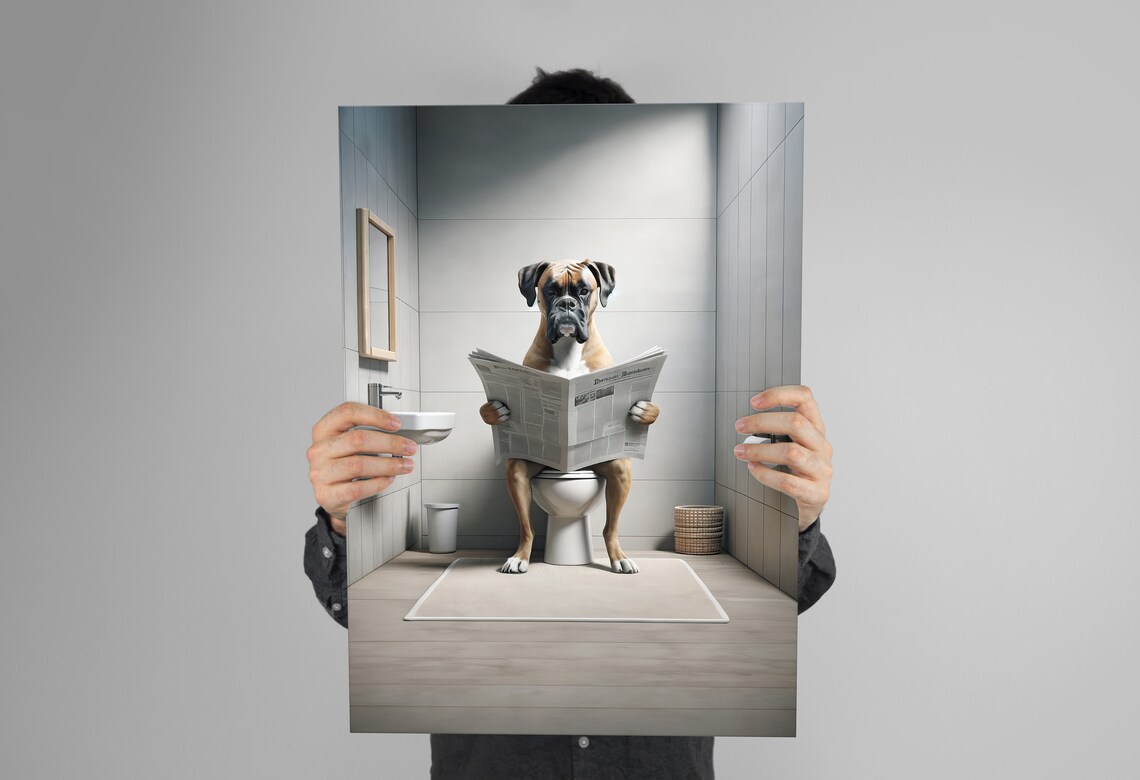 Funny Boxer Dog Reading Newspaper On Toilet Bathroom Humor Poster - Image 3