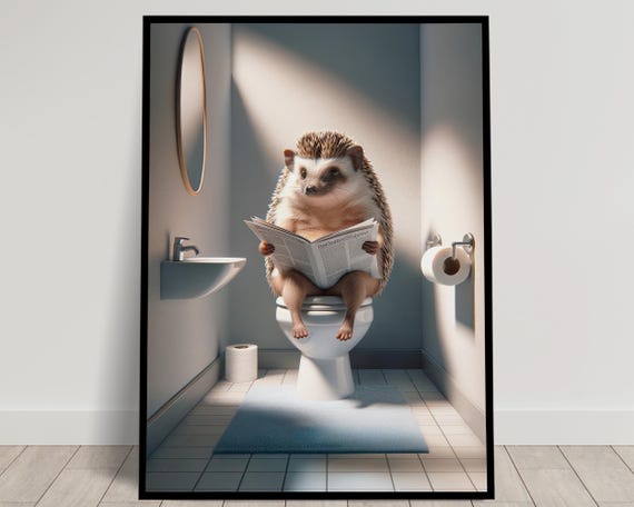 Photograph Of A Hedgehog Reading The Newspaper On The Toilet Funny Bathroom Decor Bathroom Wall Art Wc Toilet Poster Unique Gag Gift