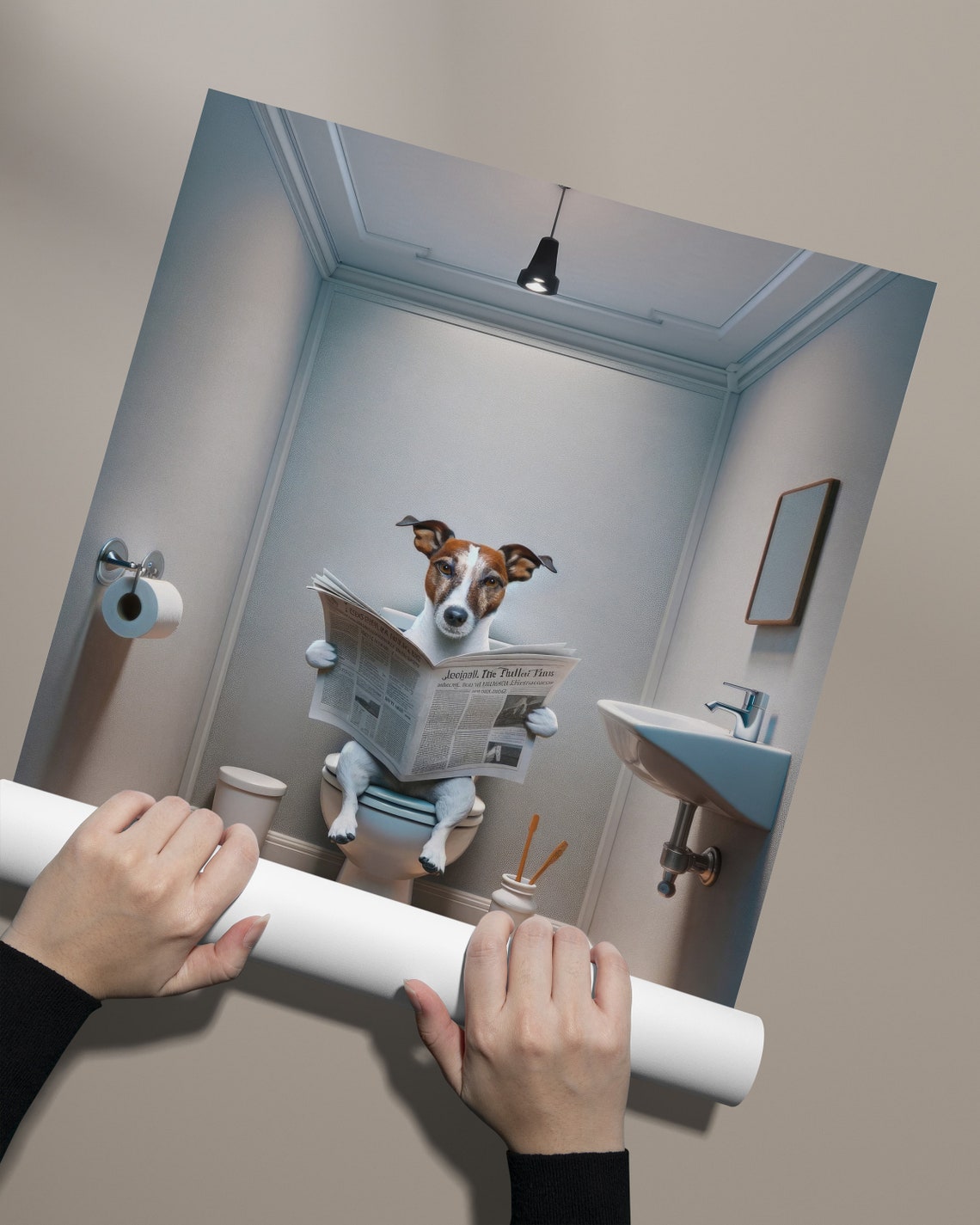 Funny Jack Russell Terrier Reading Newspaper On Toilet Bathroom Poster - Image 2