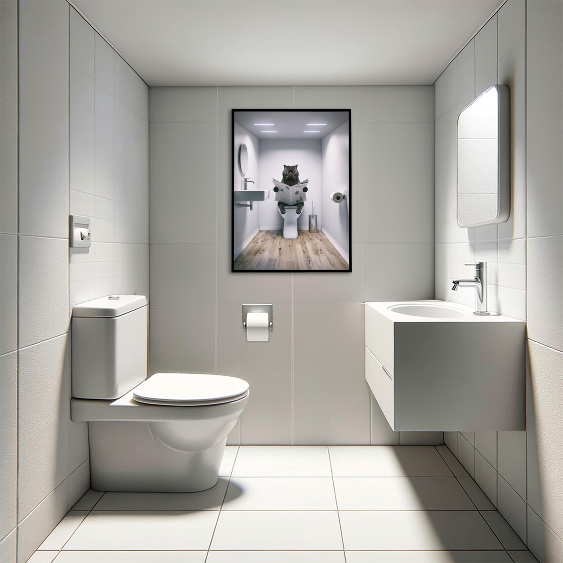 Black Tabby Cat Reading Newspaper On The Toilet Funny Bathroom Poster - Image 4