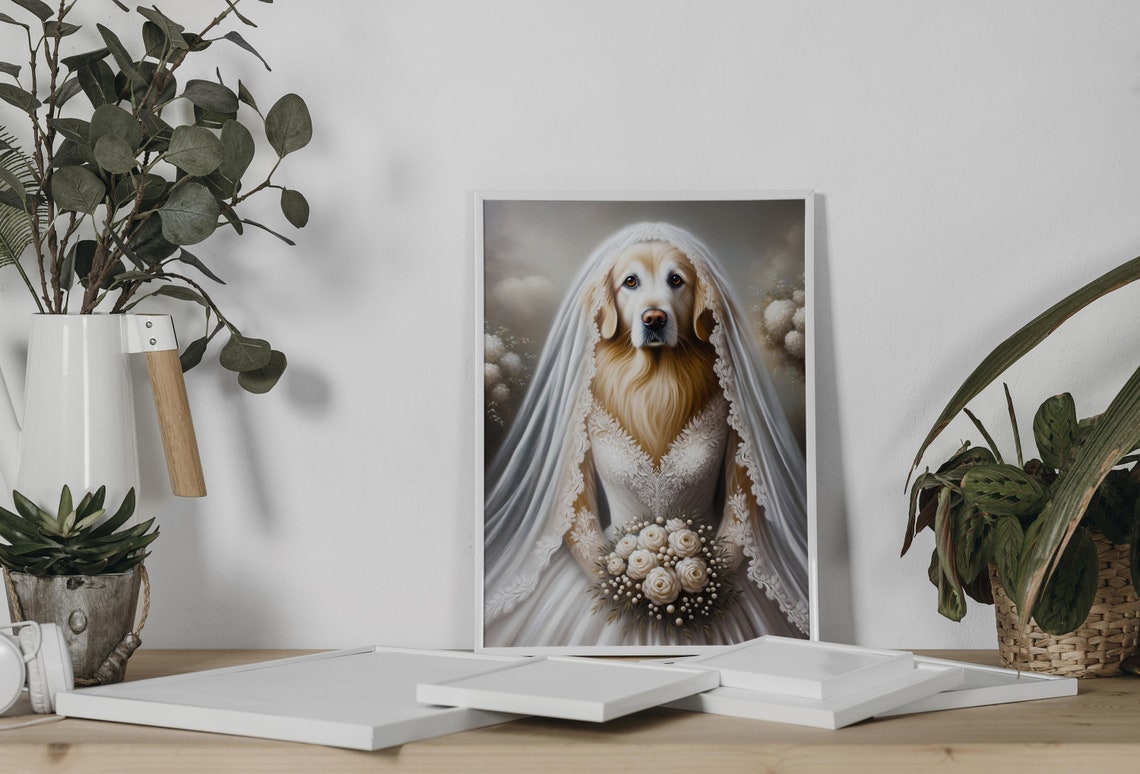 Golden Retriever Bride in Veil Holding White Rose Bouquet Poster - Image 2