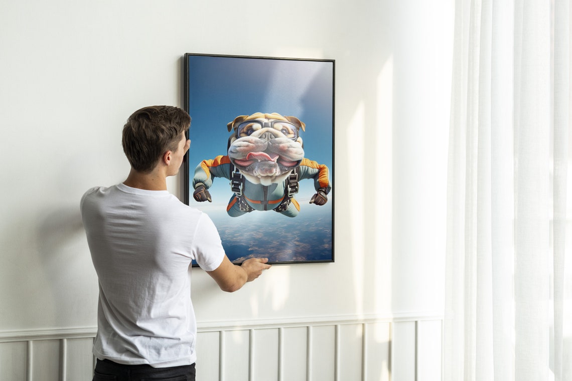 English Bulldog Skydiving With Goggles Funny Freefall Dog Poster - Image 2