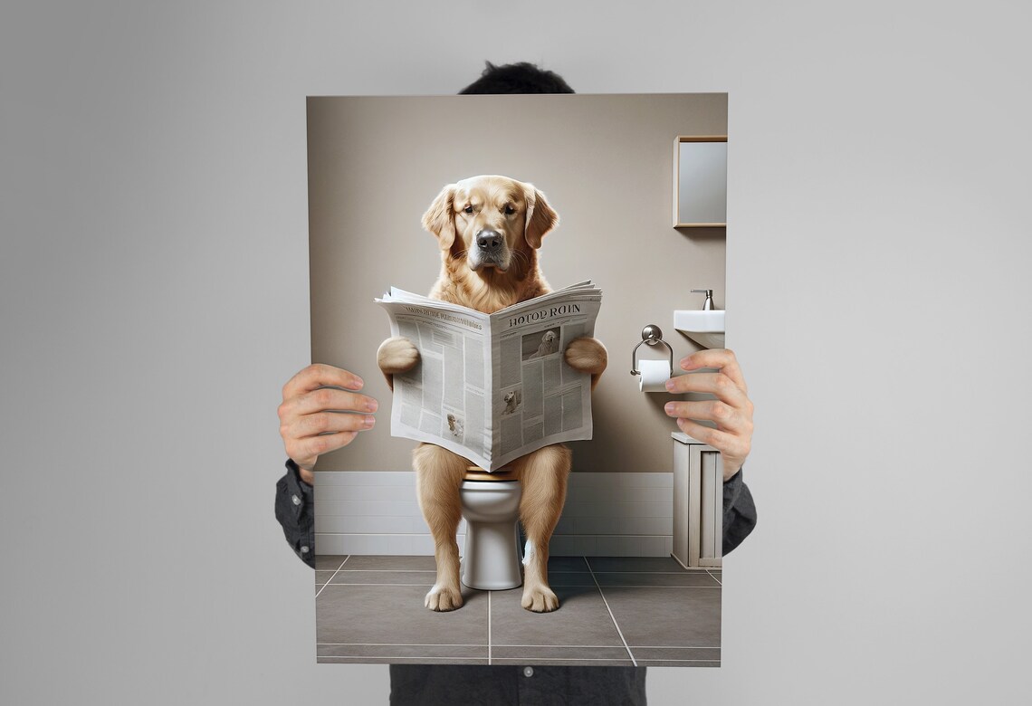 Golden Retriever Reading Newspaper Bathroom Poster - Image 3