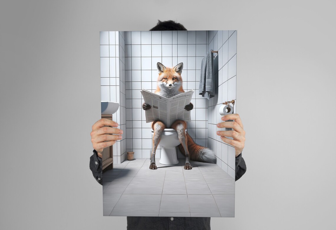 Fox Reading Newspaper Bathroom Poster, Funny Decor - Image 3