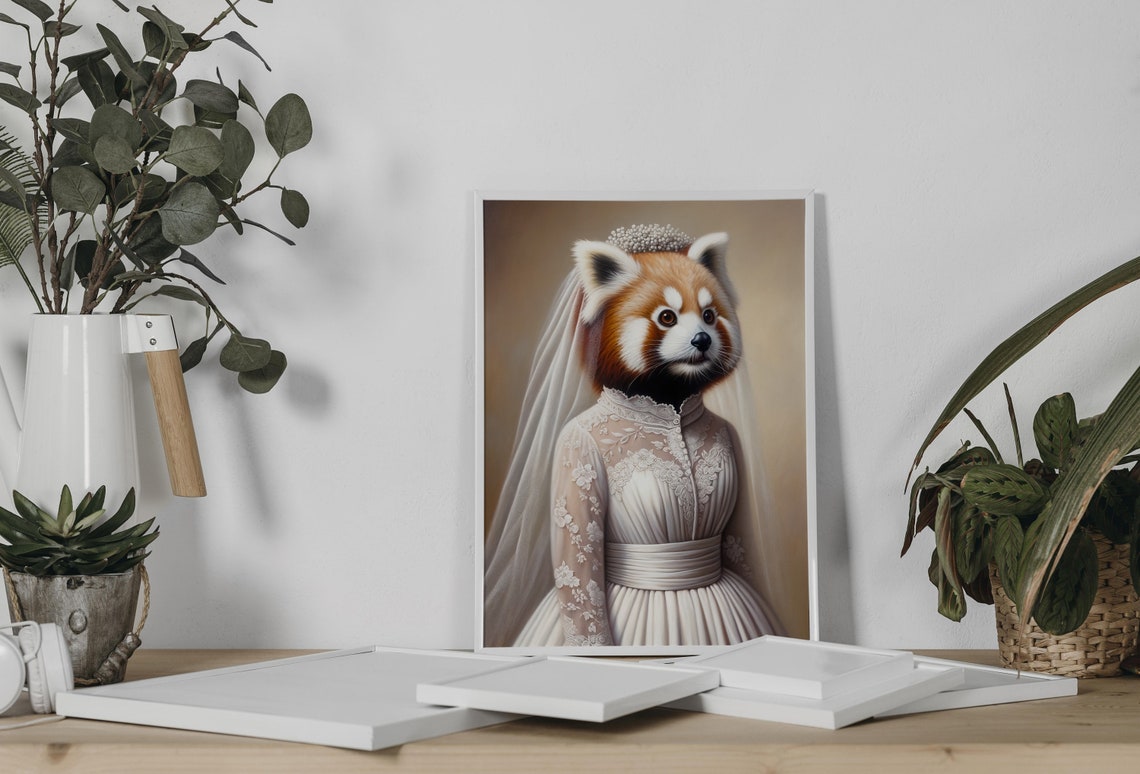 Red Panda Bride in a Lace Wedding Gown with a Pearl Tiara Poster - Image 2