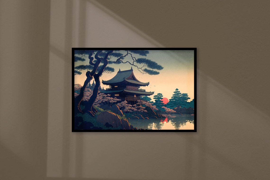 Japanese Pagoda Temple At Sunset Cherry Blossoms Lake Poster - Image 3