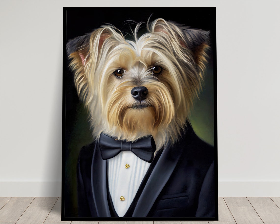 Yorkshire Terrier in Tuxedo with Bow Tie Elegant Dog Portrait Poster