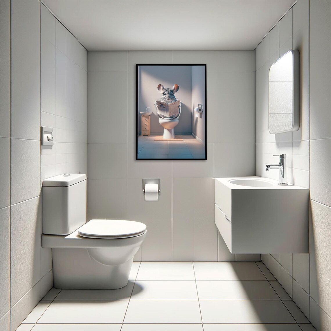 Chinchilla Reading the Newspaper on the Toilet Funny Bathroom Poster - Image 4