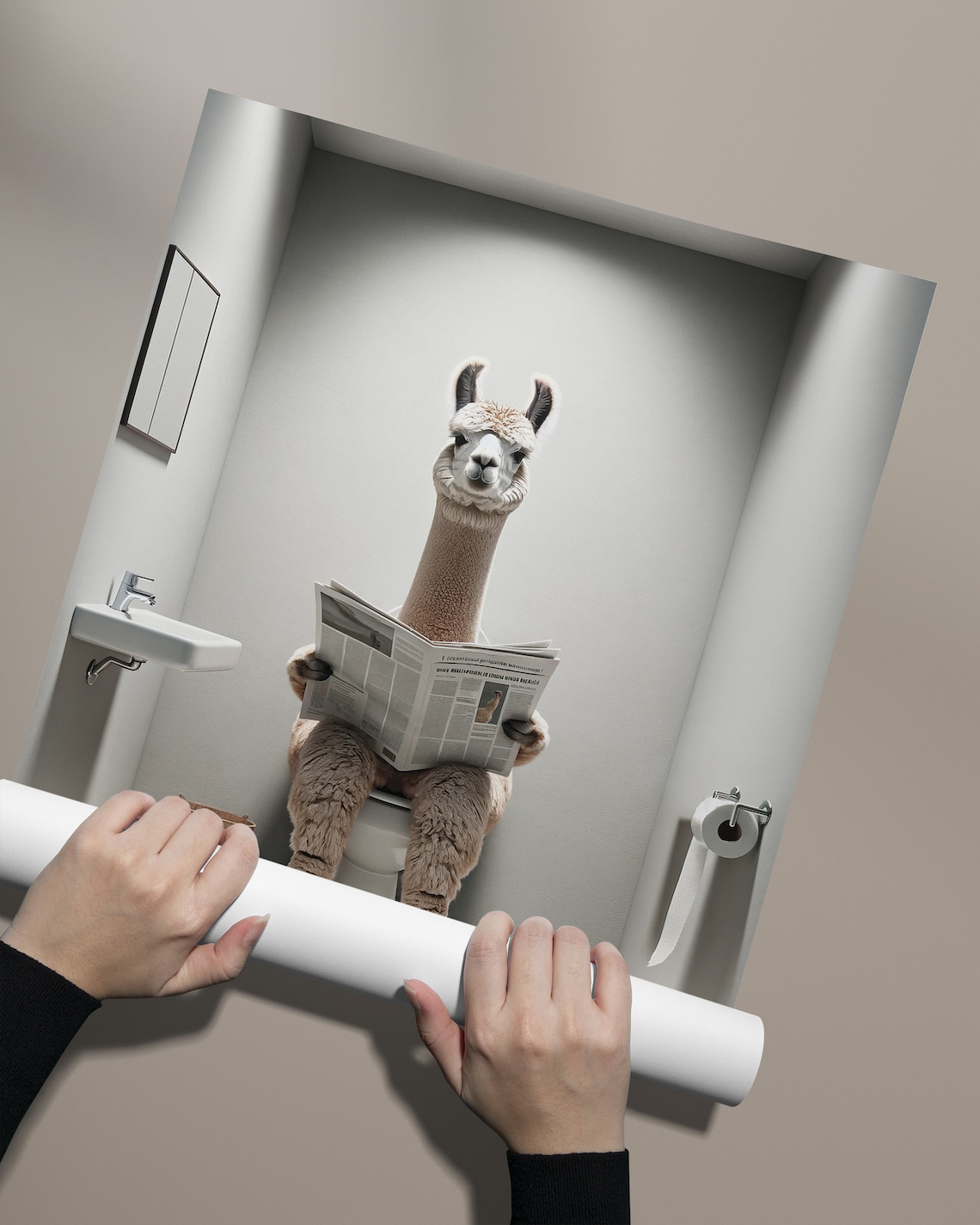 Alpaca Reading the Newspaper Bathroom Poster - Image 2