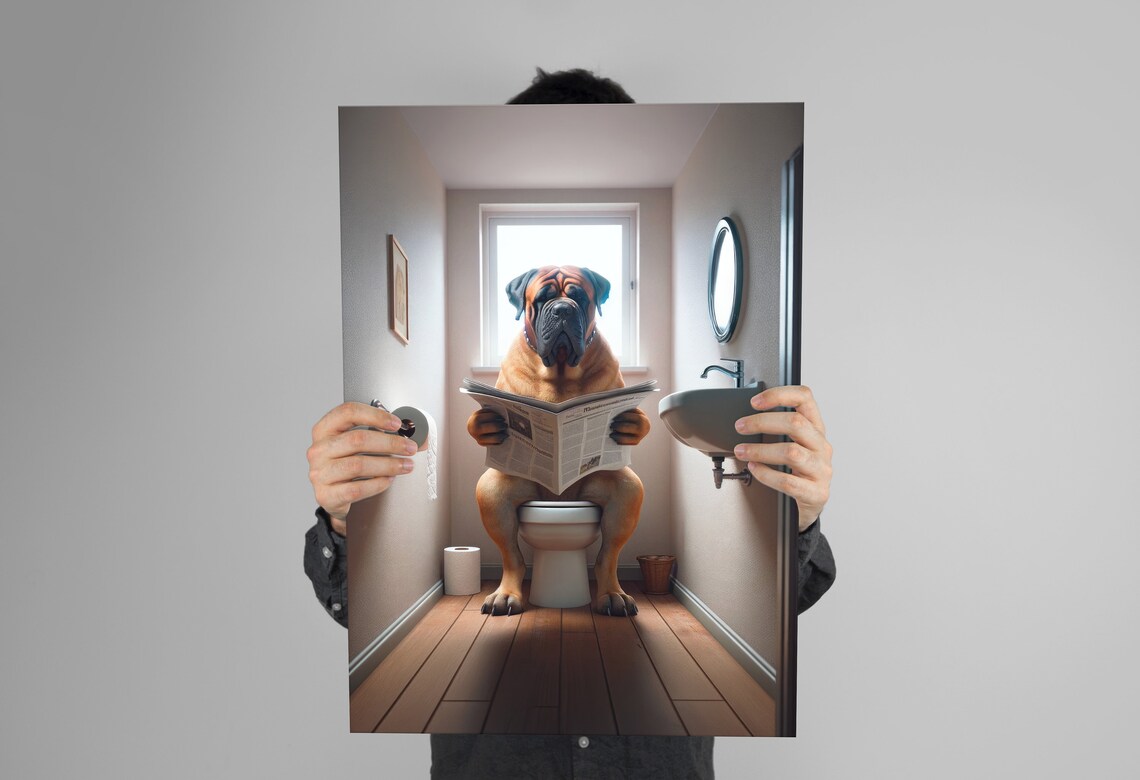 Bullmastiff Reading the Newspaper, Funny Bathroom Poster - Image 3