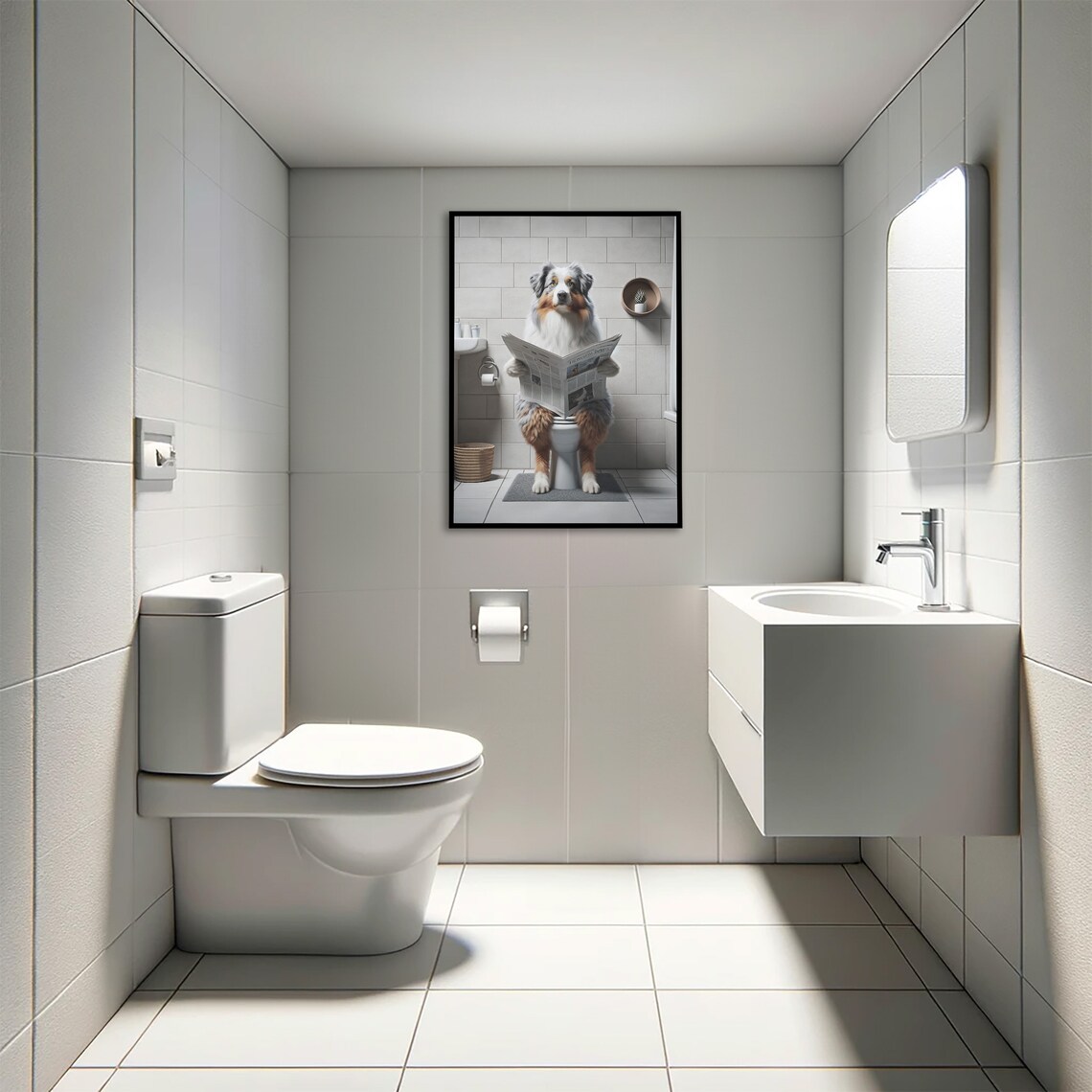 Australian Shepherd Reading Newspaper, Bathroom Gag Poster - Image 4