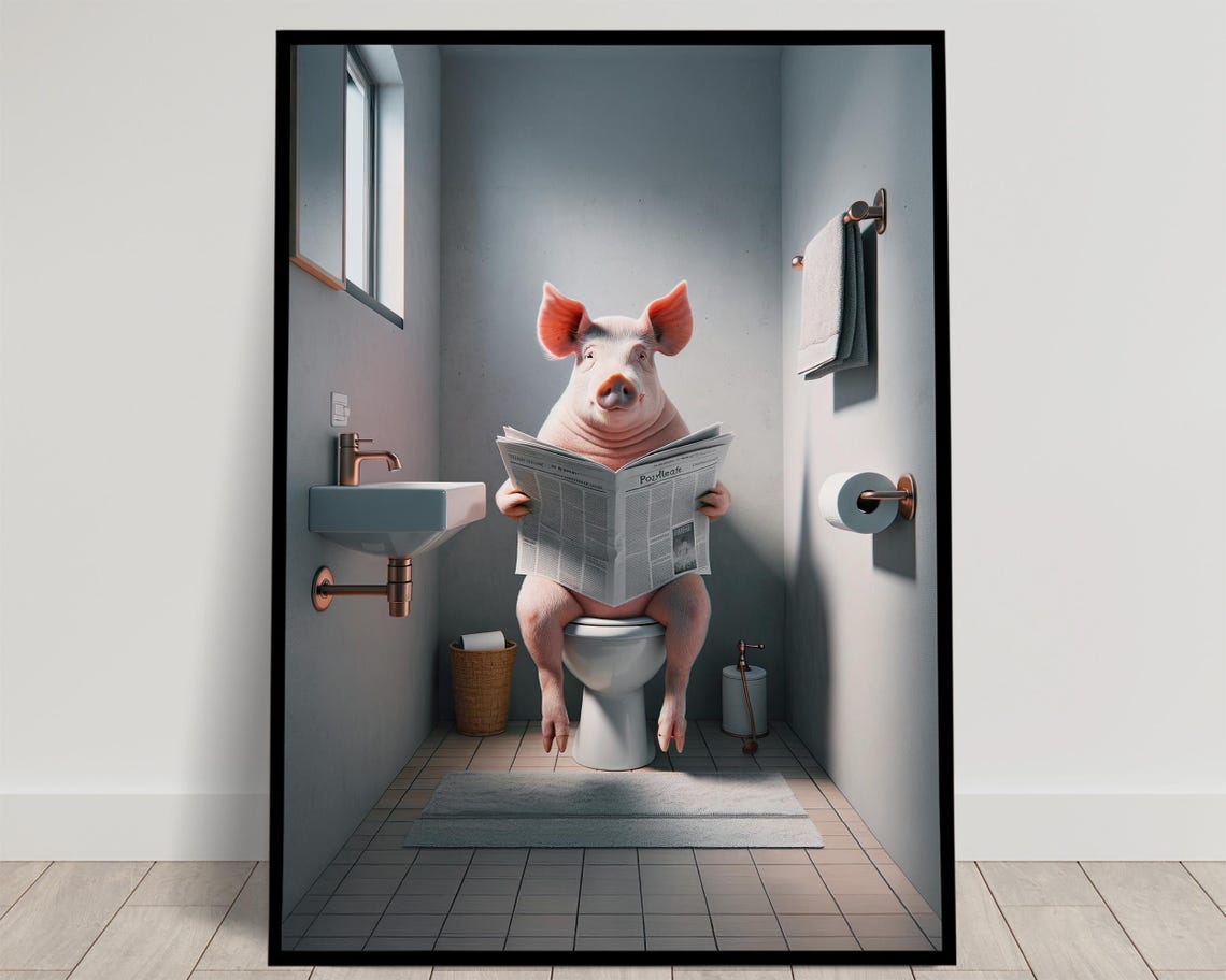 Pig Reading the Newspaper on the Toilet Funny Bathroom Poster