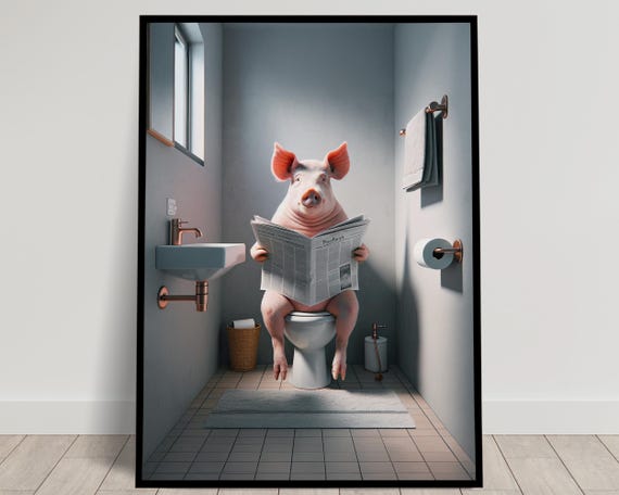 Photograph Of A Pig Reading The Newspaper On The Toilet Funny Bathroom Decor Bathroom Wall Art Wc Toilet Poster Unique Gag Gift