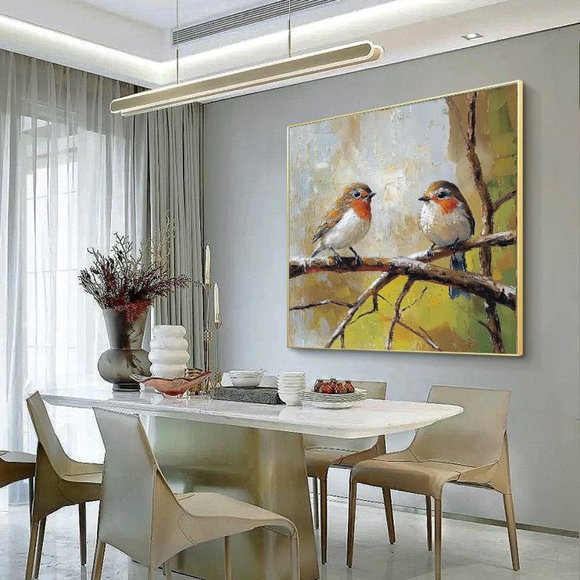 Two Sweet Robins With Orange Breasts Perched on Branches Square Poster - Image 4
