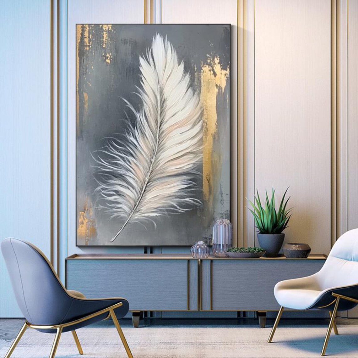 White Feather With Gold Accents Grey Minimalist Art Painting Poster - Image 4