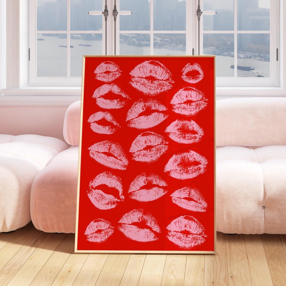 Red Lips Kiss Marks Bold Pink Girly Dorm Room Statement Poster