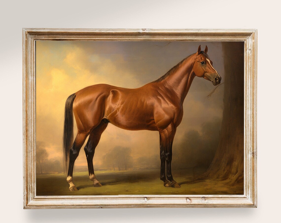 Chestnut Horse Golden Sunset Field Classic Equestrian Oil Art Poster