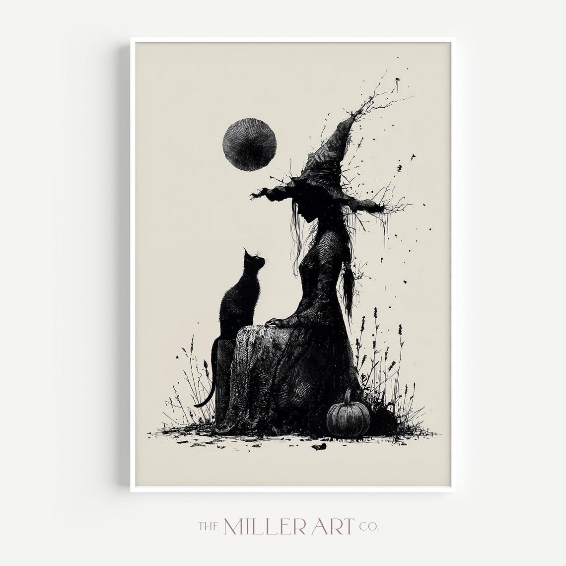 Witch and Black Cat Sitting Gothic Halloween Silhouette Art Poster