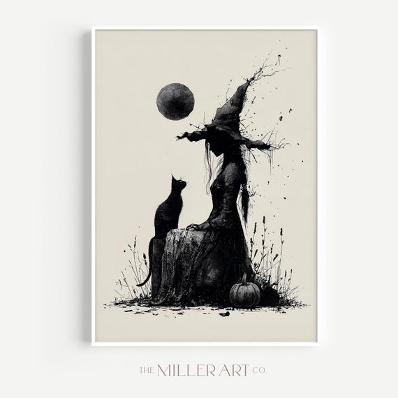 Witch And Black Cat Gothic Art Print Halloween Home Decor