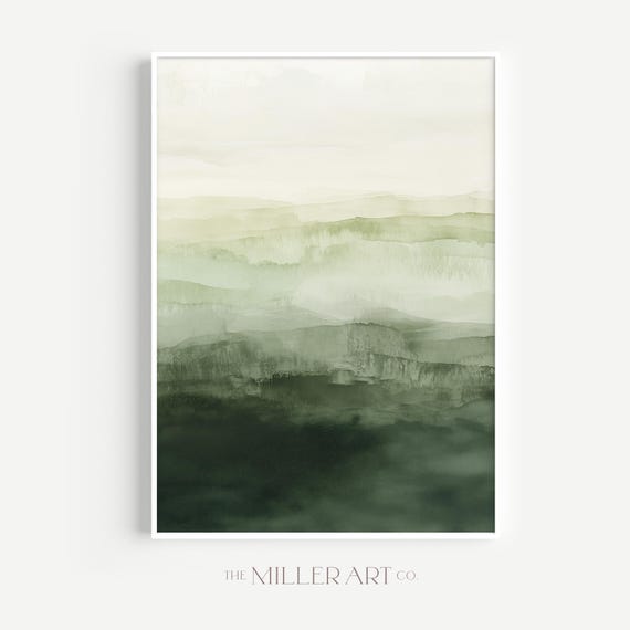 Sage Green Watercolor Landscape Art Print Minimalist Mountain Decor
