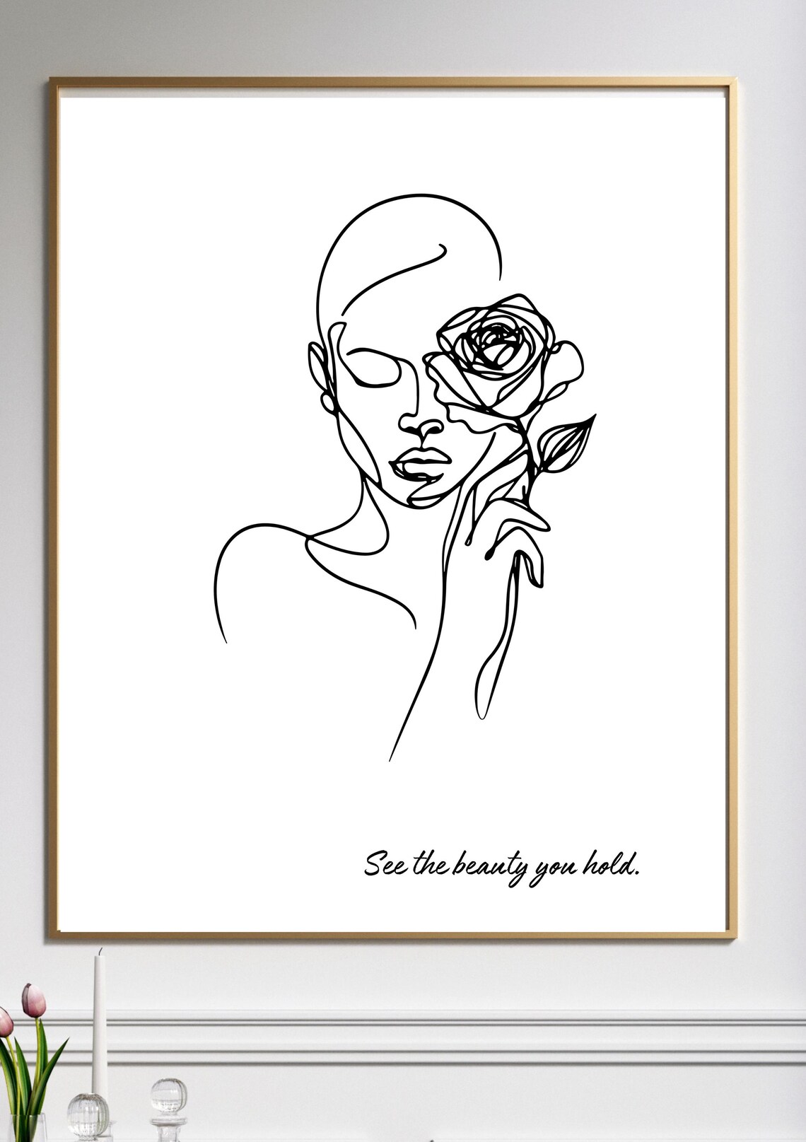 Woman Holding a Rose Line Art with Self Love Message Art Poster - Image 2