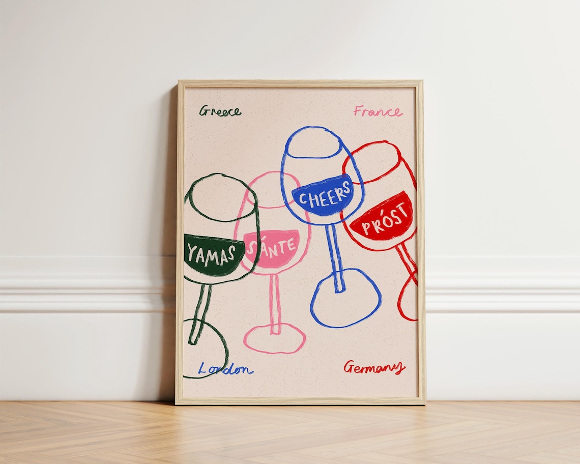 Cheers Wine Glasses International Toasts Colorful Bar Art Poster