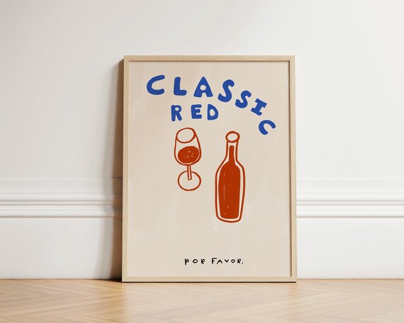 Classic Red Por Favor Playful Wine Glass Bottle Doodle Kitchen Print