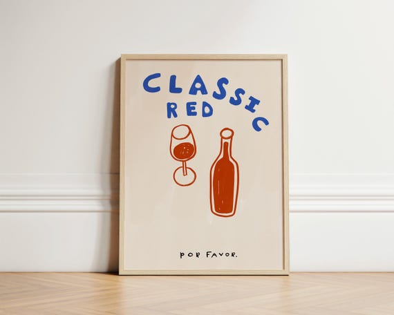 Classic Red Wine Print Trendy Retro Poster Bar Cart Art Kitchen Illustration Wall Unframed