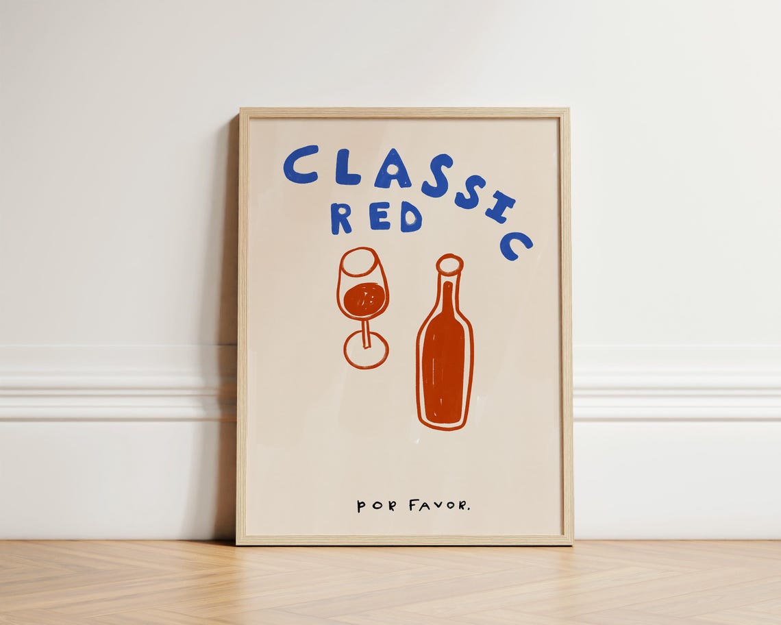Classic Red Wine Print Trendy Retro Poster Bar Cart Art Kitchen Illustration Wall Unframed