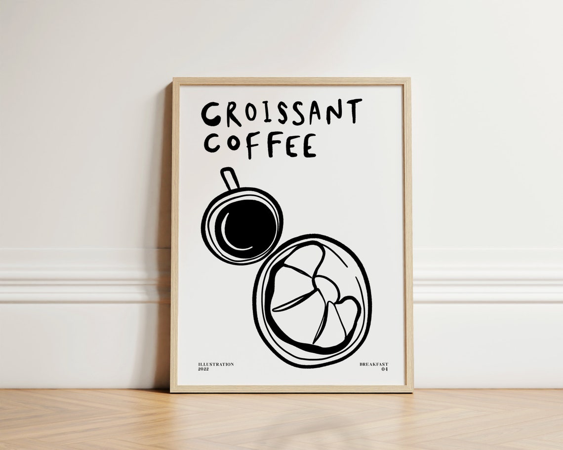 Croissant Coffee Black Line Art Breakfast Illustration Kitchen Poster