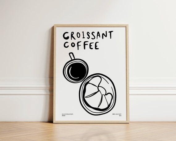 Trendy Breakfast Poster Ink Bleed Style Croissant Print Coffee Kitchen Cafe Decor Unframed