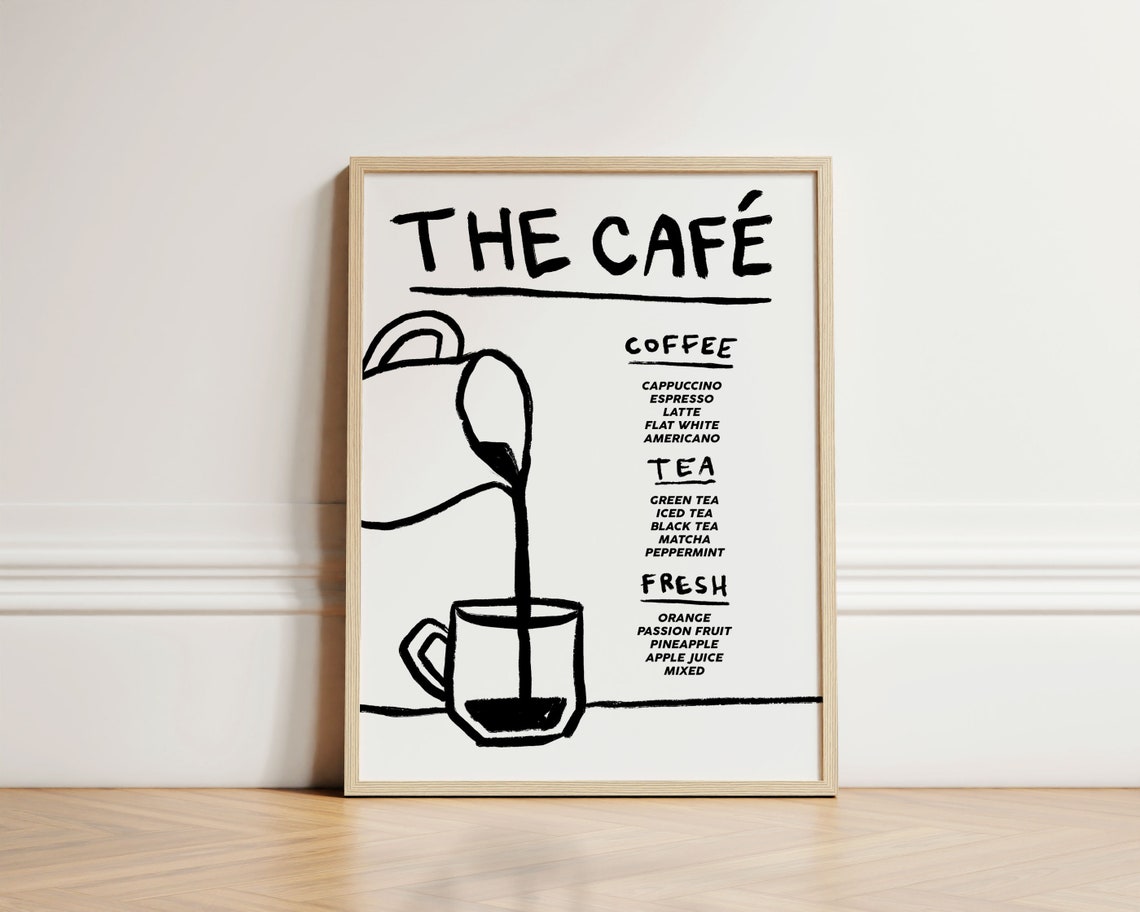 The Cafe Menu Coffee Tea Fresh Drinks Hand Drawn Kitchen Wall Art