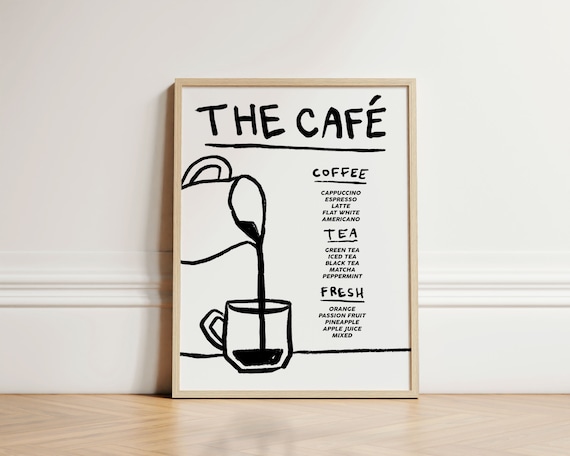 The Cafe Menu Coffee Tea Fresh Drinks Hand Drawn Kitchen Wall Art