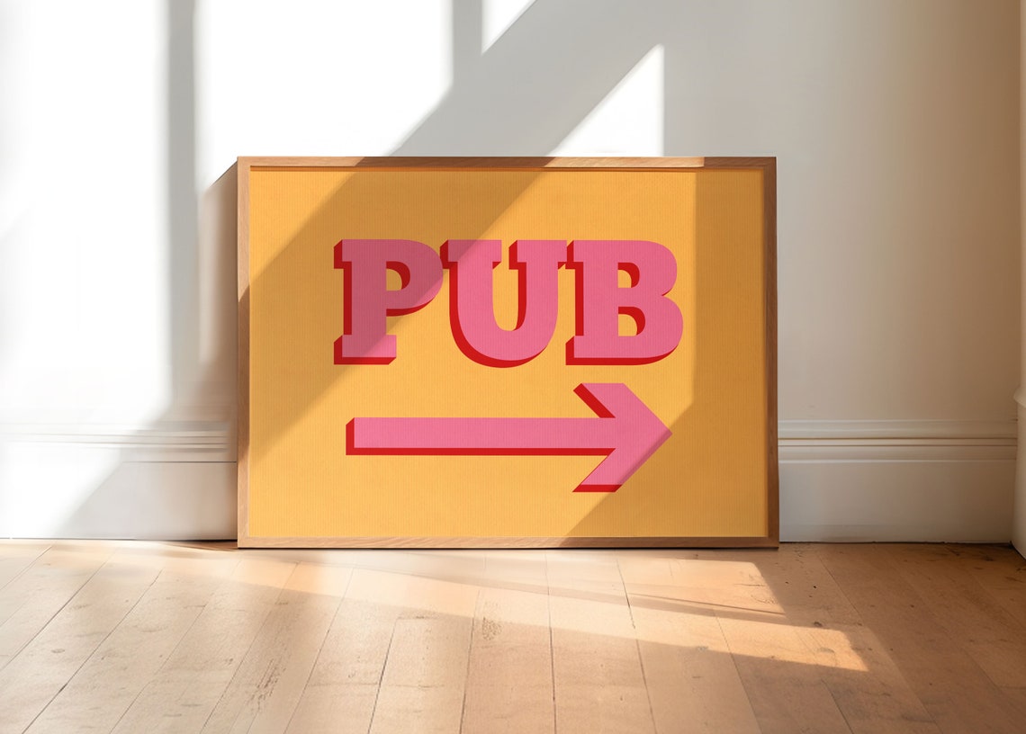 Pub Arrow Retro Mustard Yellow Pink Bar Sign Kitchen Art Poster